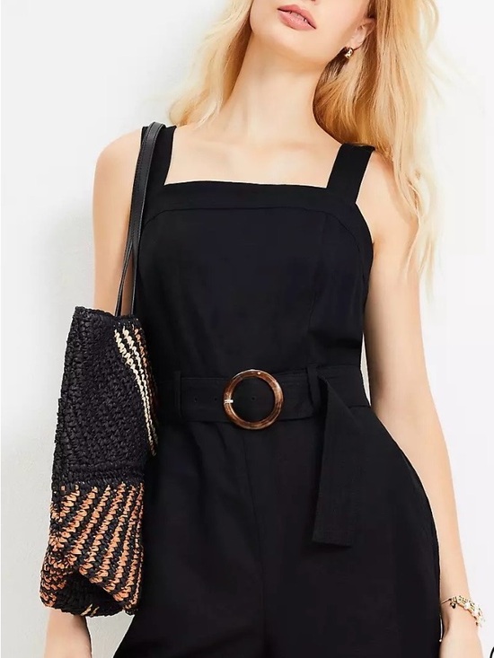 LOFT Pants - LOFT Black Square-Neck Belted Linen Blend Short Romper with Tortoiseshell Buckle